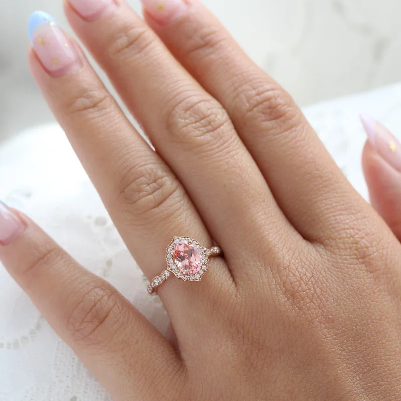 Oval Champagne Peach Sapphire Ring w/ Diamonds in Vintage Floral Ring