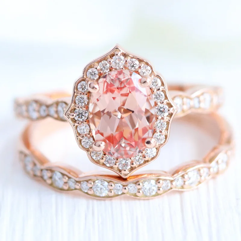 Oval Champagne Peach Sapphire Ring w/ Diamonds in Vintage Floral Ring