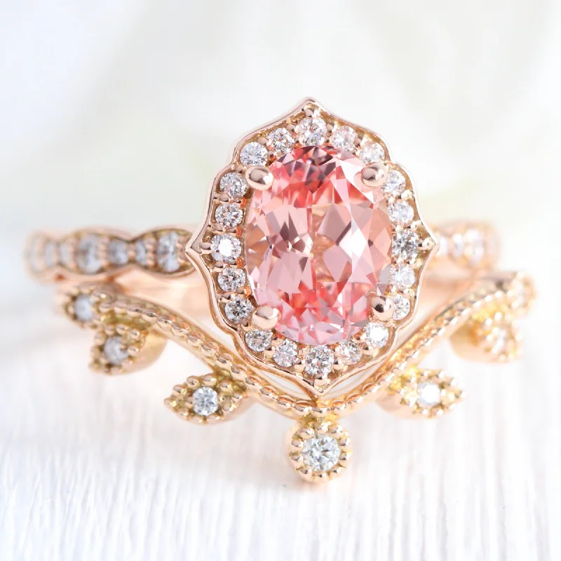 Oval Champagne Peach Sapphire Ring w/ Diamonds in Vintage Floral Ring