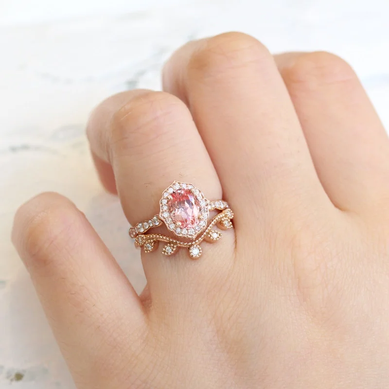 Oval Champagne Peach Sapphire Ring w/ Diamonds in Vintage Floral Ring