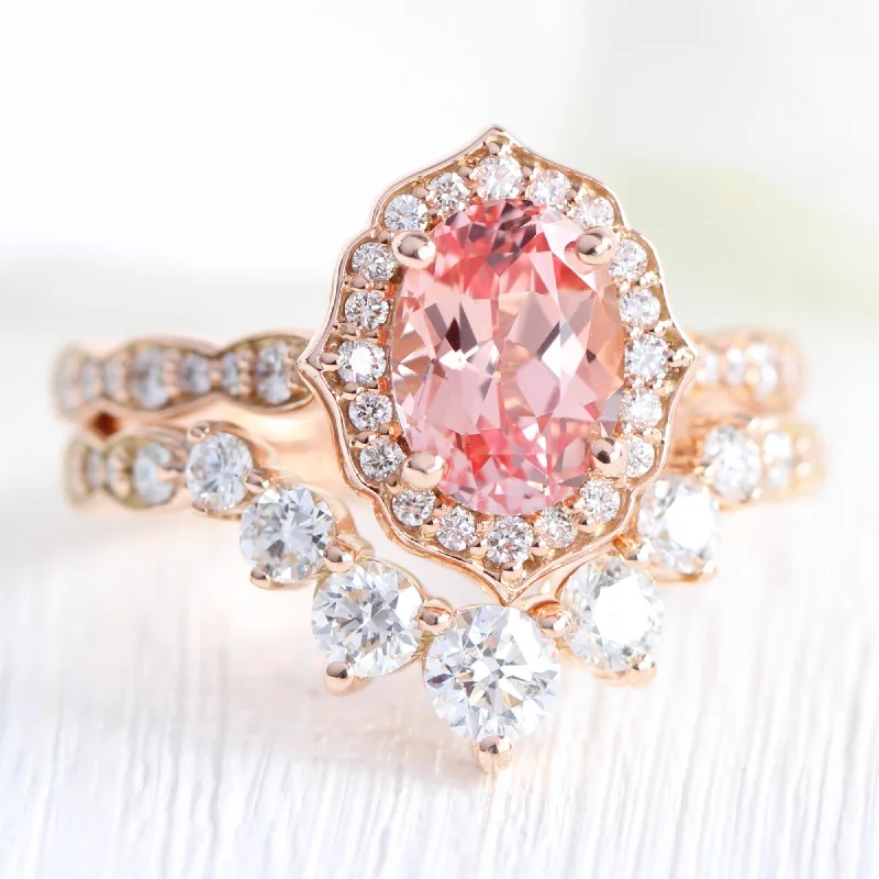 Oval Champagne Peach Sapphire Ring w/ Diamonds in Vintage Floral Ring