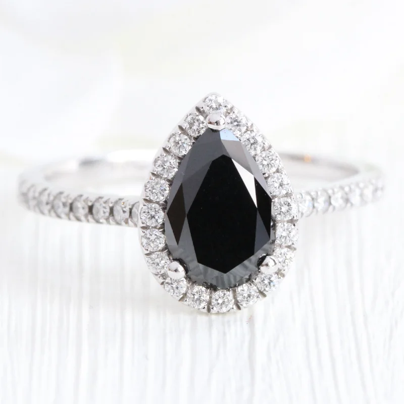 Halo Pear Black Diamond Ring in Luna Halo Pave Diamond Band