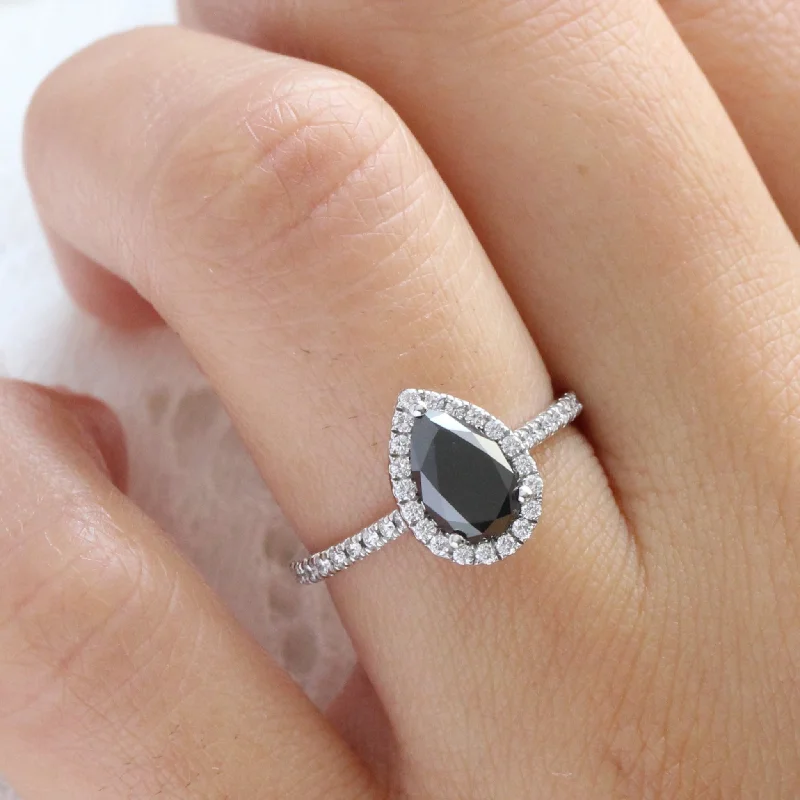 Halo Pear Black Diamond Ring in Luna Halo Pave Diamond Band