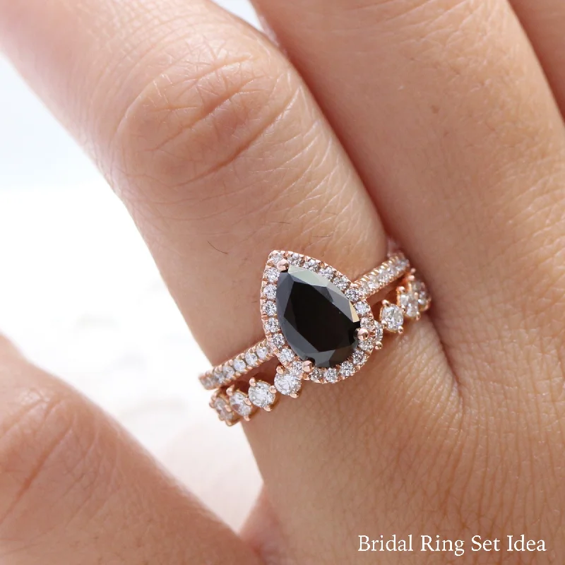 Halo Pear Black Diamond Ring in Luna Halo Pave Diamond Band