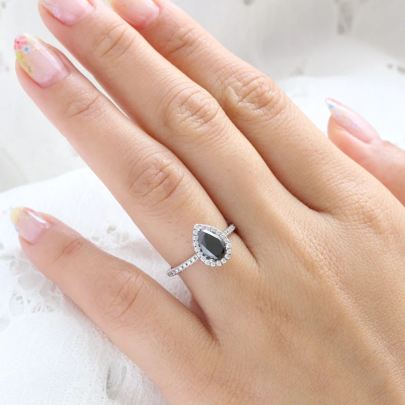 Halo Pear Black Diamond Ring in Luna Halo Pave Diamond Band