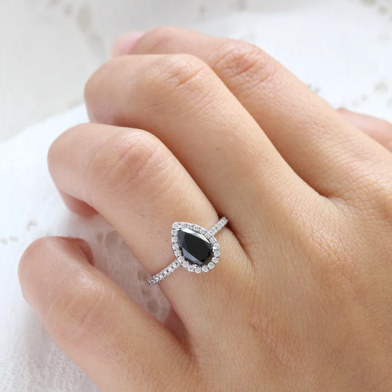 Halo Pear Black Diamond Ring in Luna Halo Pave Diamond Band