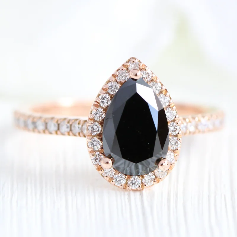 Halo Pear Black Diamond Ring in Luna Halo Pave Diamond Band