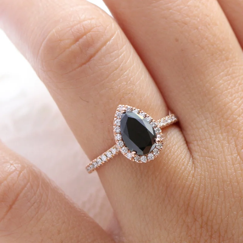 Halo Pear Black Diamond Ring in Luna Halo Pave Diamond Band