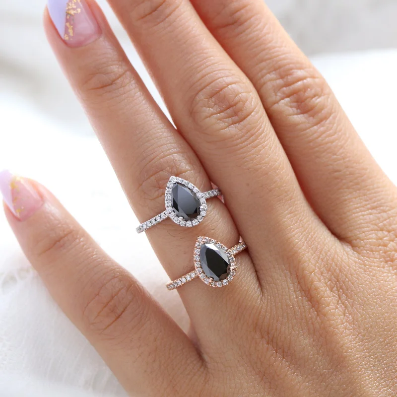 Halo Pear Black Diamond Ring in Luna Halo Pave Diamond Band