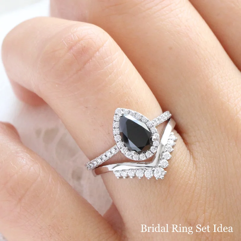 Halo Pear Black Diamond Ring in Luna Halo Pave Diamond Band