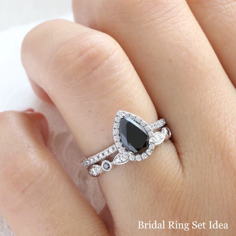 Halo Pear Black Diamond Ring in Luna Halo Pave Diamond Band