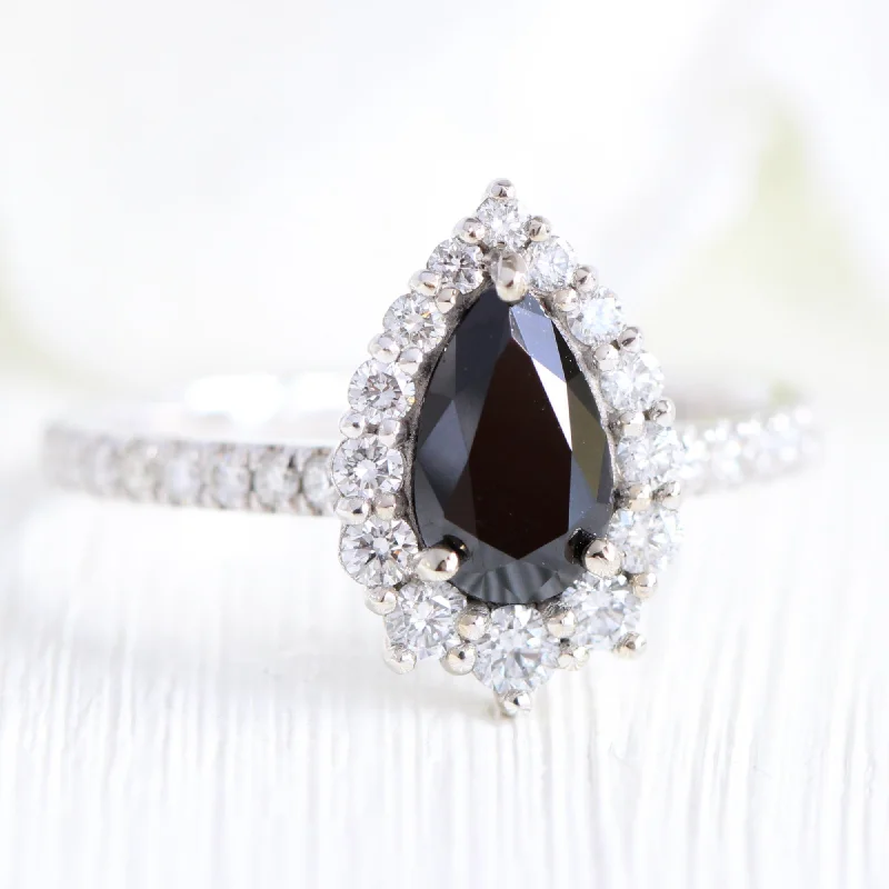 Pear Black Diamond Engagement Ring in Tiara Halo Diamond Pave Band