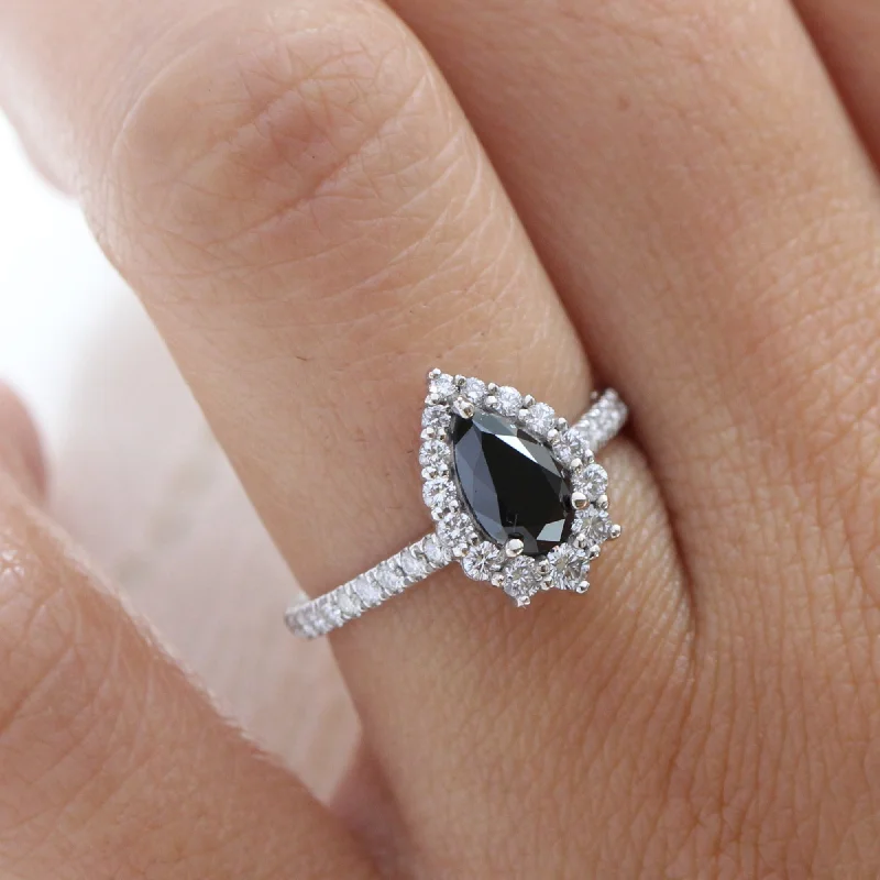 Pear Black Diamond Engagement Ring in Tiara Halo Diamond Pave Band