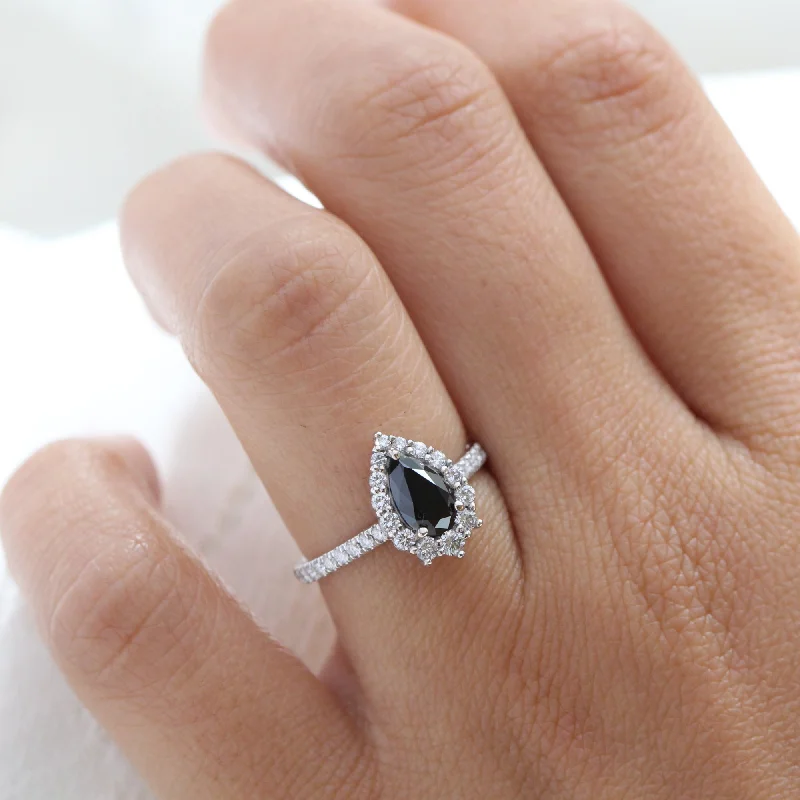 Pear Black Diamond Engagement Ring in Tiara Halo Diamond Pave Band