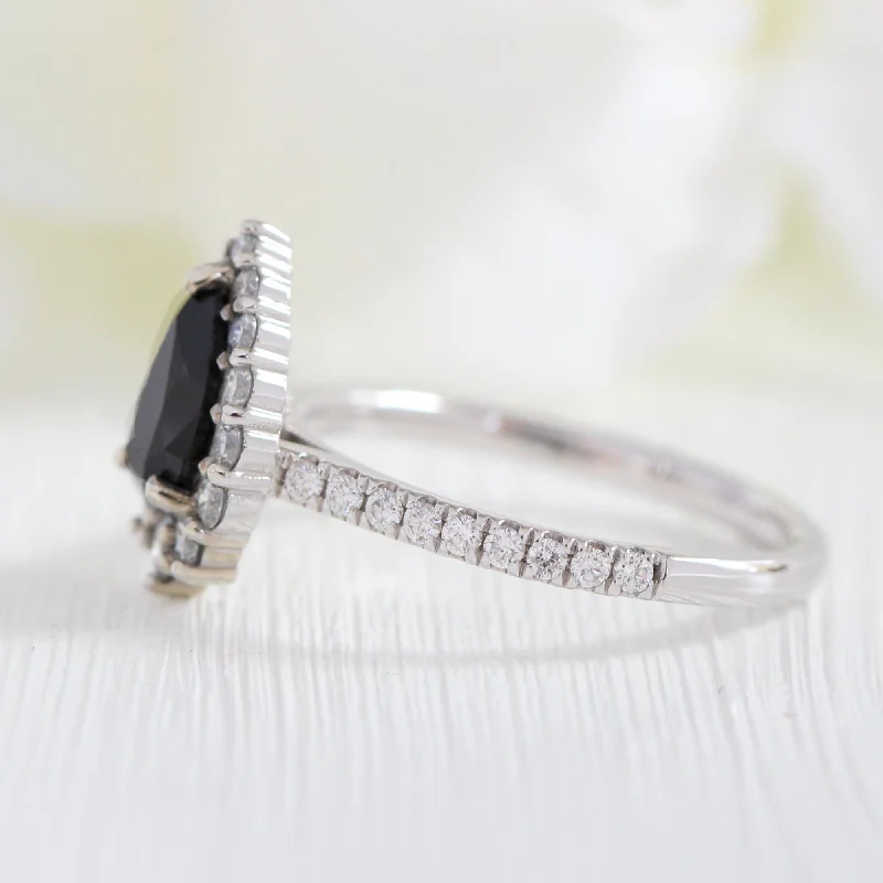 Pear Black Diamond Engagement Ring in Tiara Halo Diamond Pave Band