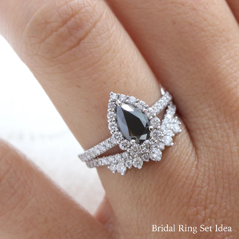 Pear Black Diamond Engagement Ring in Tiara Halo Diamond Pave Band