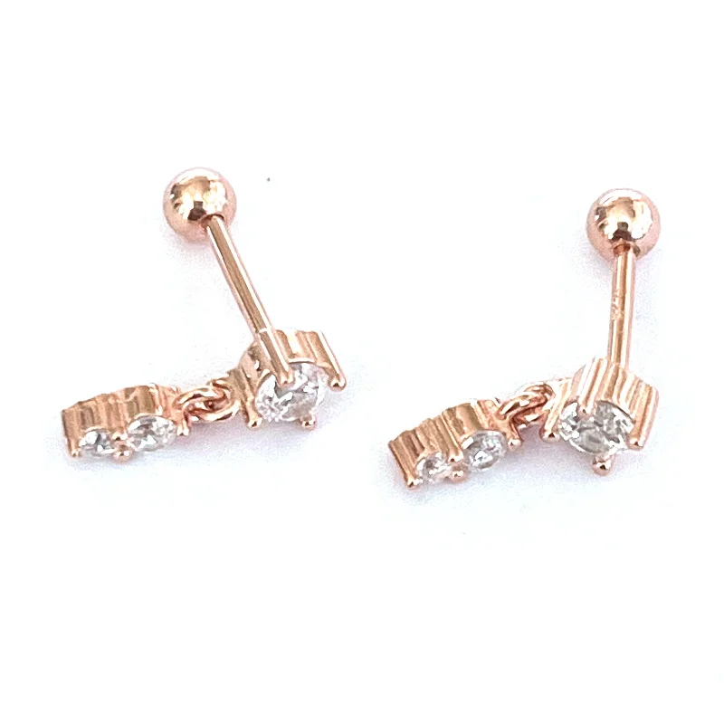 Three stone studs silver ring with silver ball & pink gold plating