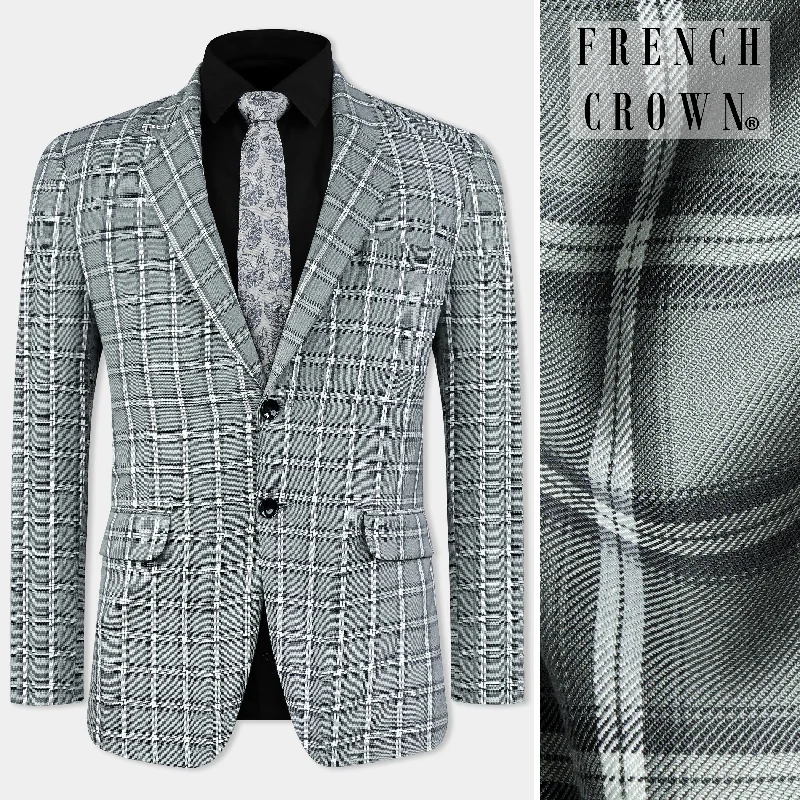 Pewter Gray and White Windowpane Wool Rich Blazer