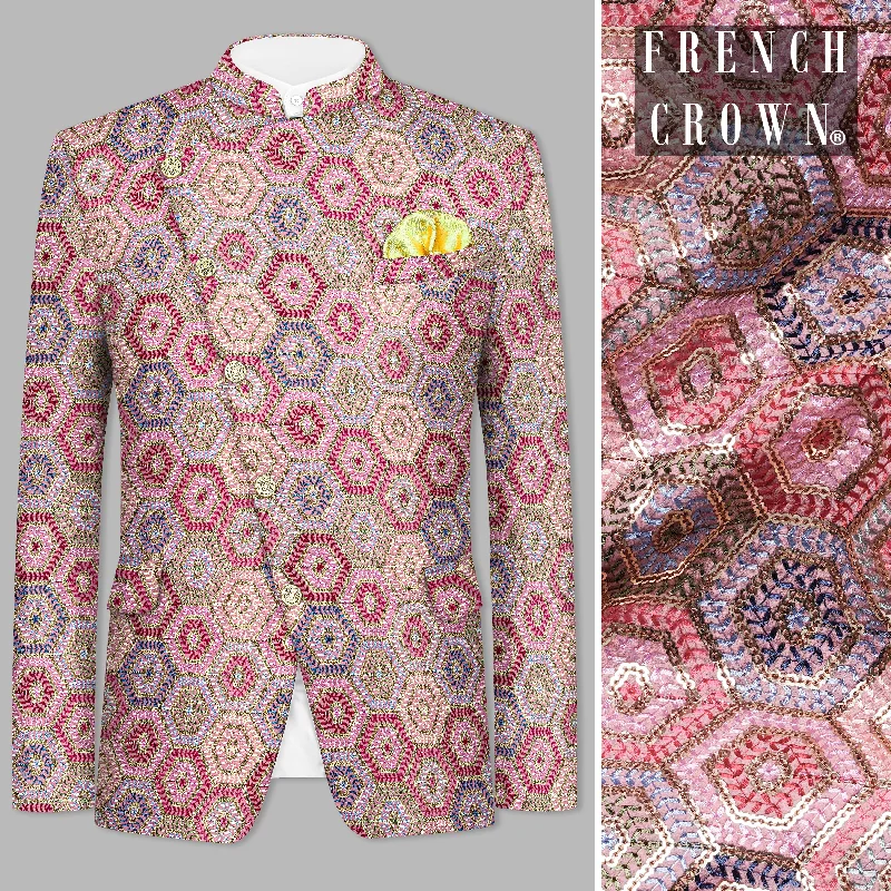 Radical Pink and Rhino Blue Multicolour Thread and Sequin Embroidered Cross Placket Bandhgala Jodhpuri