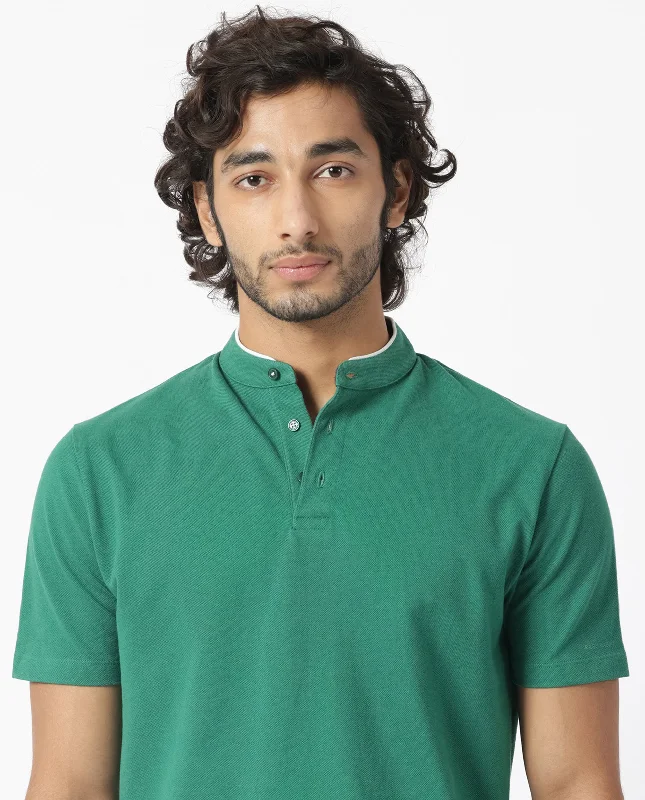 Rare Rabbit Men's Barrie Dark Green Cotton Fabric Mandarin Collar Half Sleeves Polo T-Shirt