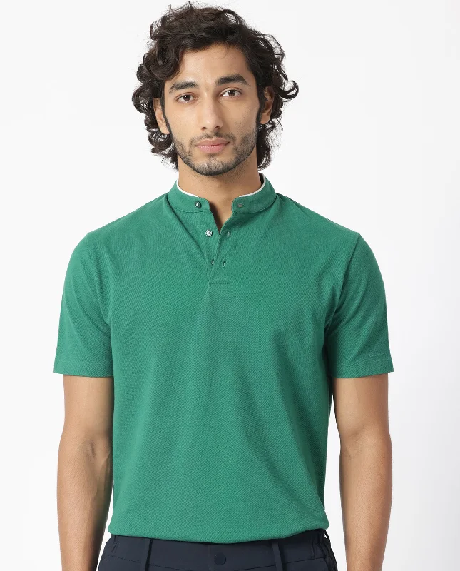 Rare Rabbit Men's Barrie Dark Green Cotton Fabric Mandarin Collar Half Sleeves Polo T-Shirt