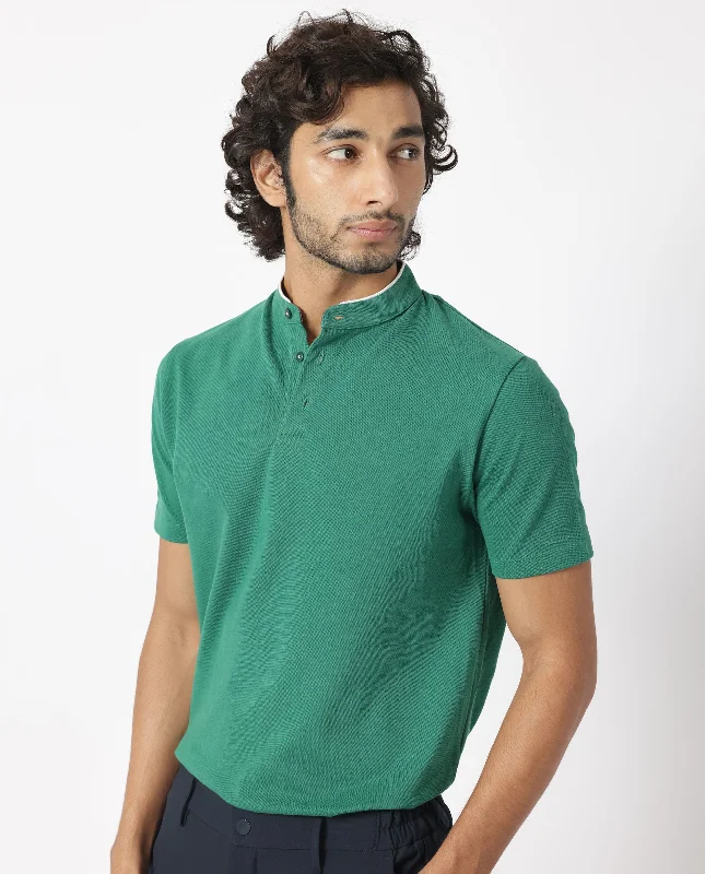 Rare Rabbit Men's Barrie Dark Green Cotton Fabric Mandarin Collar Half Sleeves Polo T-Shirt