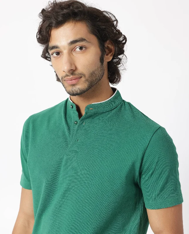 Rare Rabbit Men's Barrie Dark Green Cotton Fabric Mandarin Collar Half Sleeves Polo T-Shirt