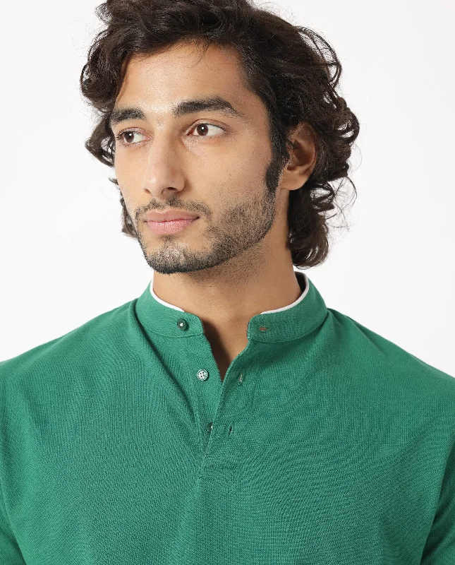 Rare Rabbit Men's Barrie Dark Green Cotton Fabric Mandarin Collar Half Sleeves Polo T-Shirt