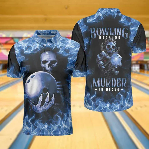 Bowling Murder Polo Shirt, Blue Flame Pattern Bowling Polo Shirt, Scary Skull Shirt Design For Halloween Coolspod