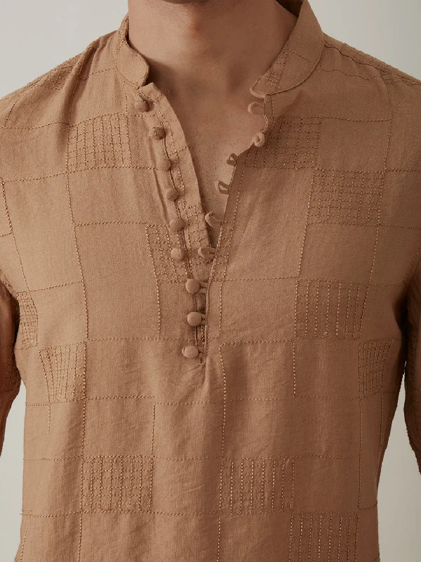 Brown Plain Button Loop Kurta