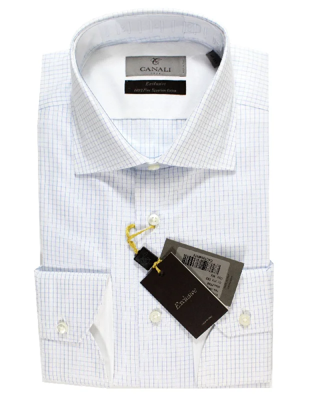 Canali Dress Shirt White Blue Graph Check Exclusive Collection - Modern Fit 39 - 15 1/2