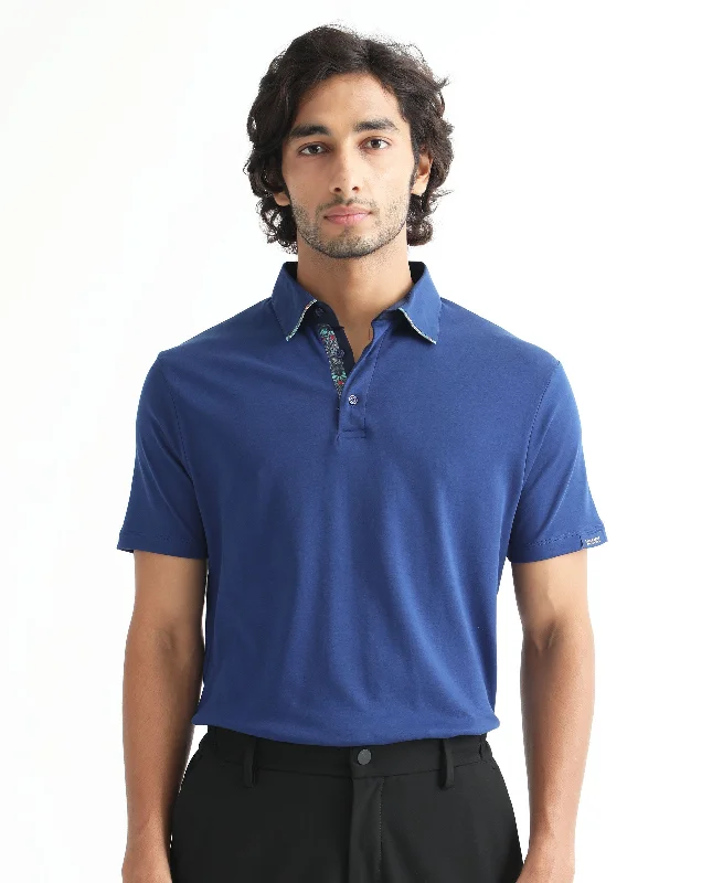 Rare Rabbit Men's Casca Dark Blue Cotton Fabric Collared Neck Half Sleeves Polo T-Shirt