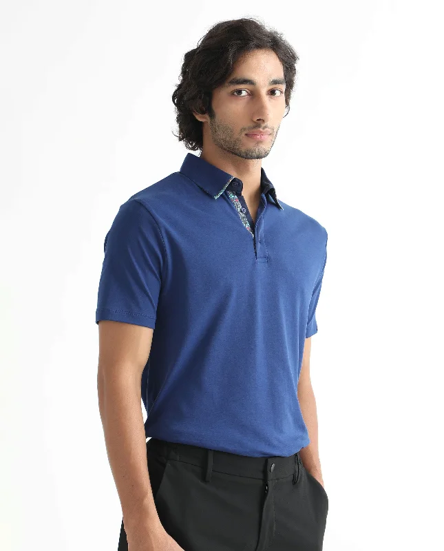 Rare Rabbit Men's Casca Dark Blue Cotton Fabric Collared Neck Half Sleeves Polo T-Shirt