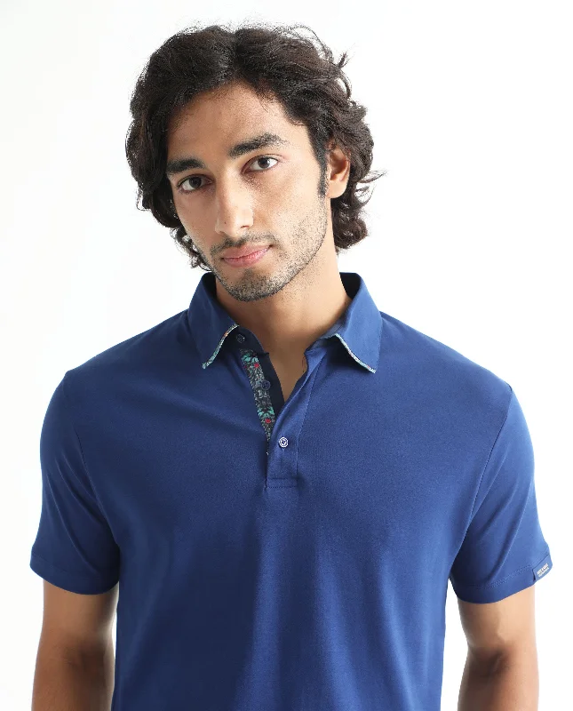 Rare Rabbit Men's Casca Dark Blue Cotton Fabric Collared Neck Half Sleeves Polo T-Shirt