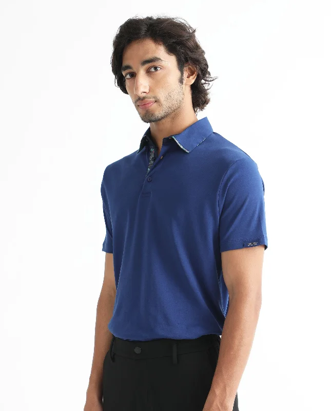 Rare Rabbit Men's Casca Dark Blue Cotton Fabric Collared Neck Half Sleeves Polo T-Shirt