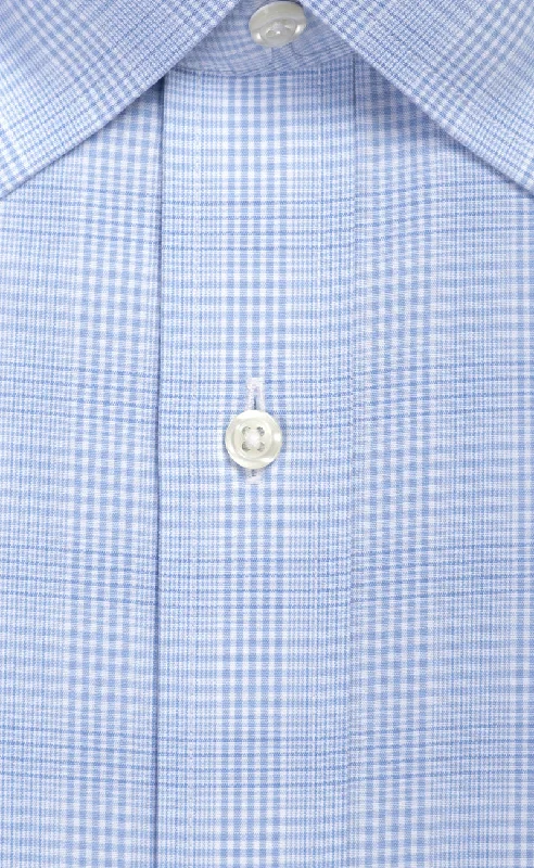 Classic Fit Light Blue Glen Plaid Spread Collar  Supima® Cotton Non-Iron Broadcloth Dress Shirt