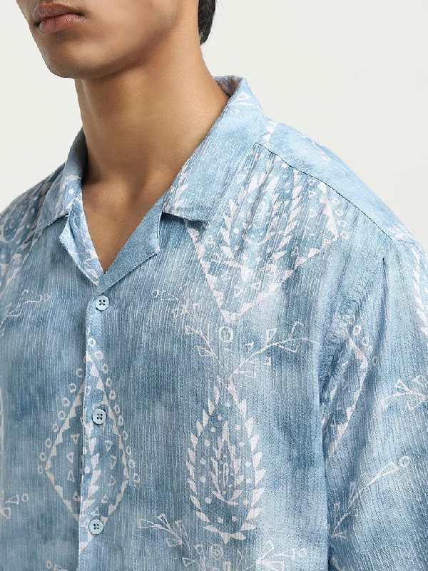 ETA Blue Printed Relaxed-Fit Cotton Shirt