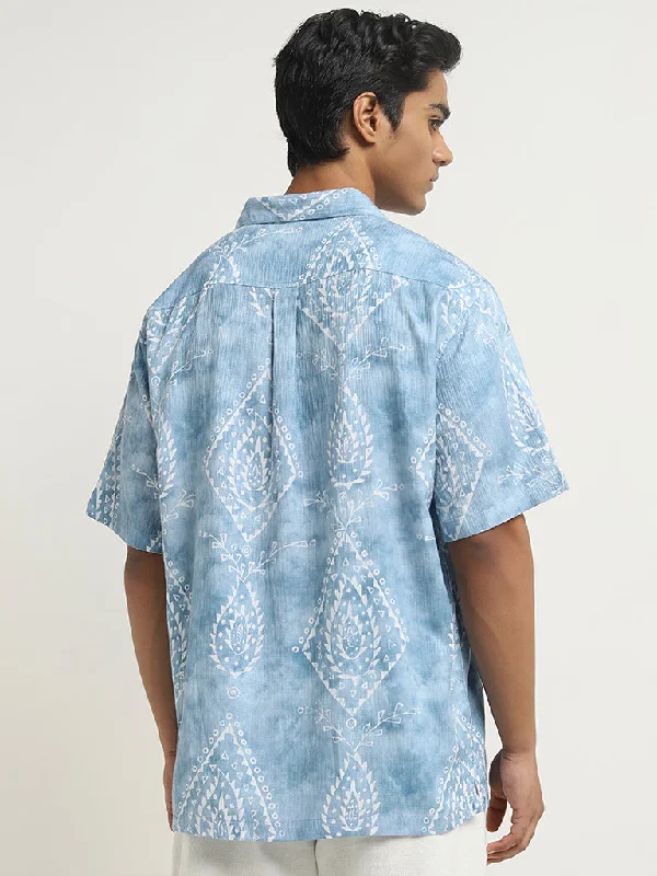 ETA Blue Printed Relaxed-Fit Cotton Shirt