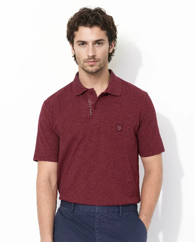 Rare Rabbit Men's Gamor Red Cotton Poly Fabric Short Sleeves Collared Neck Plain Knit Polo