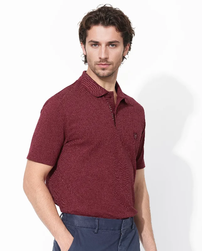 Rare Rabbit Men's Gamor Red Cotton Poly Fabric Short Sleeves Collared Neck Plain Knit Polo