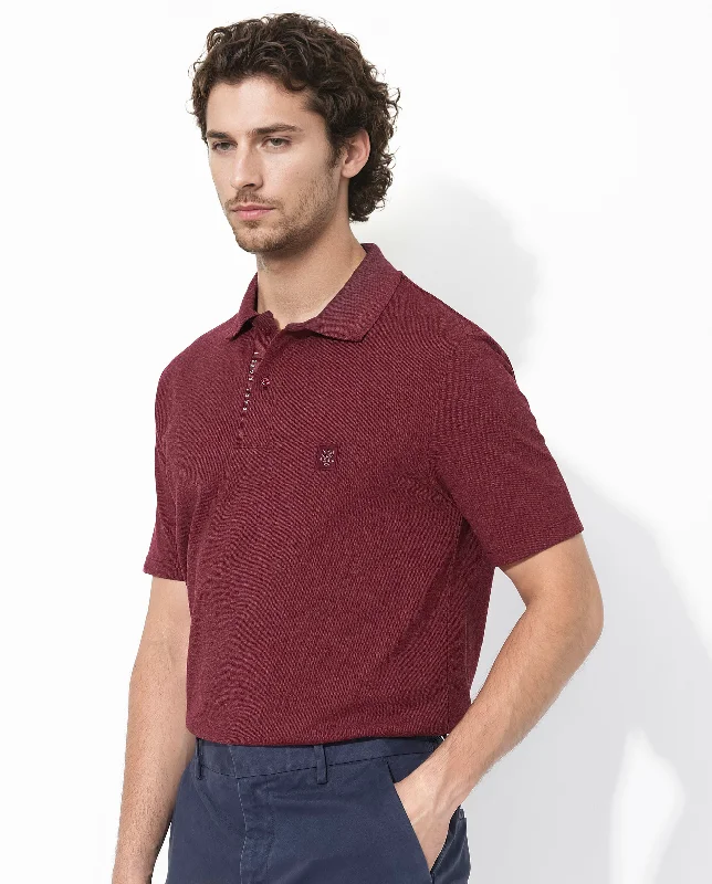 Rare Rabbit Men's Gamor Red Cotton Poly Fabric Short Sleeves Collared Neck Plain Knit Polo