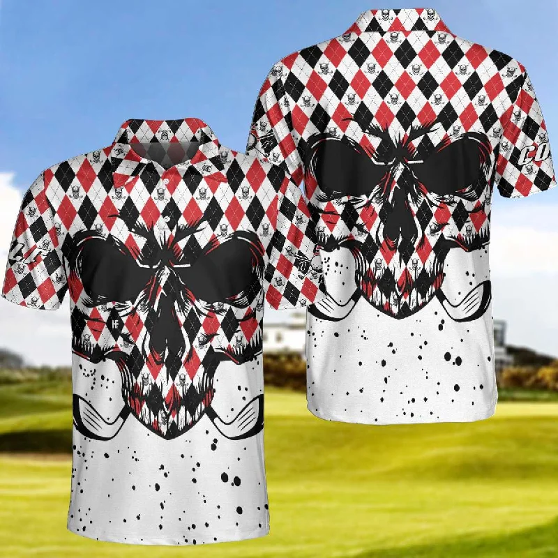 Golf Skull Red Black And White Pattern Polo Shirt, Argyle Pattern Polo Shirt, Best Golf Shirt For Men Coolspod