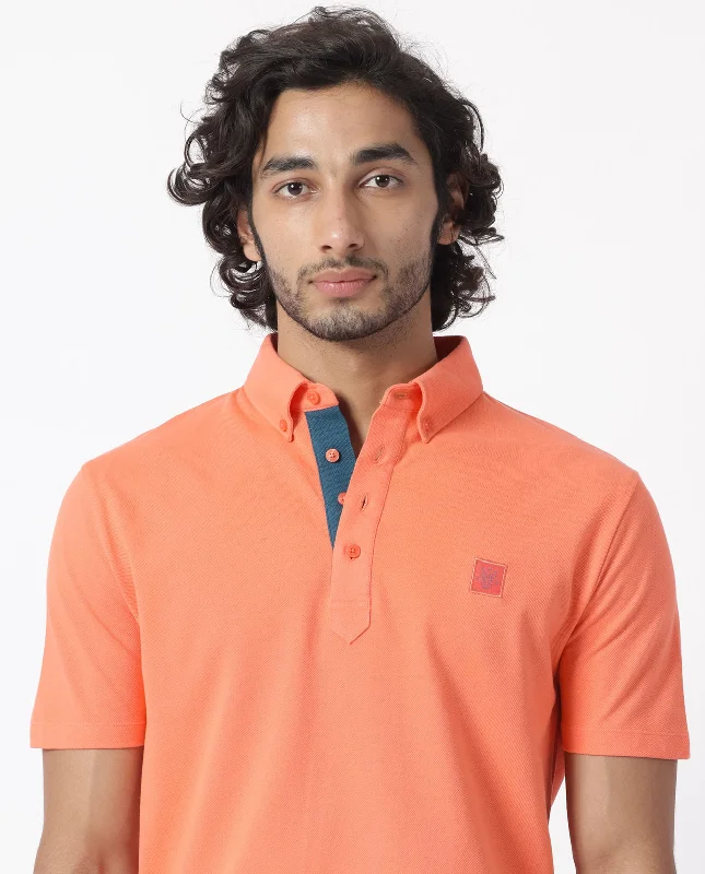 Rare Rabbit Men's Herval Dark Peach Cotton Fabric Collared Neck Half Sleeves Polo T-Shirt