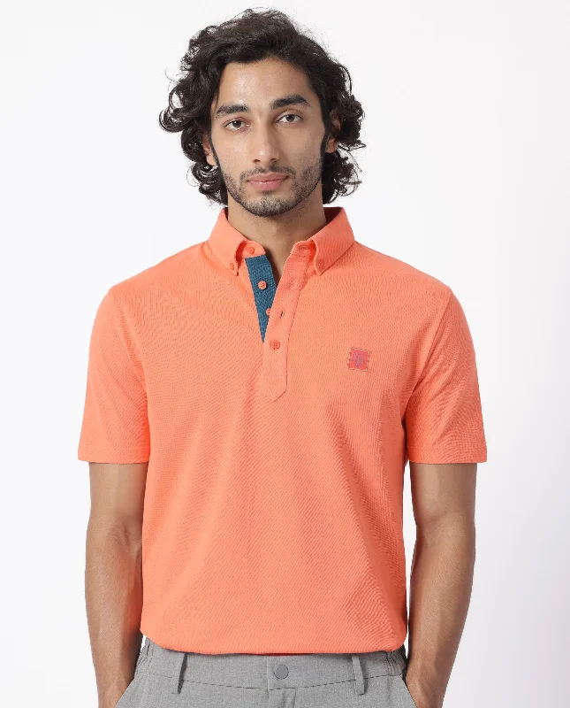 Rare Rabbit Men's Herval Dark Peach Cotton Fabric Collared Neck Half Sleeves Polo T-Shirt