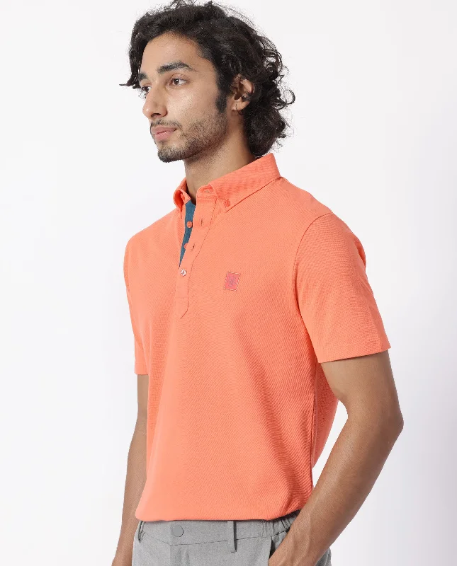 Rare Rabbit Men's Herval Dark Peach Cotton Fabric Collared Neck Half Sleeves Polo T-Shirt