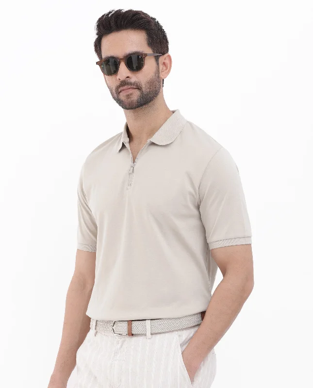 Rare Rabbit Men's Holit Dusky Beige Half Sleeves Solid Polo T-Shirt