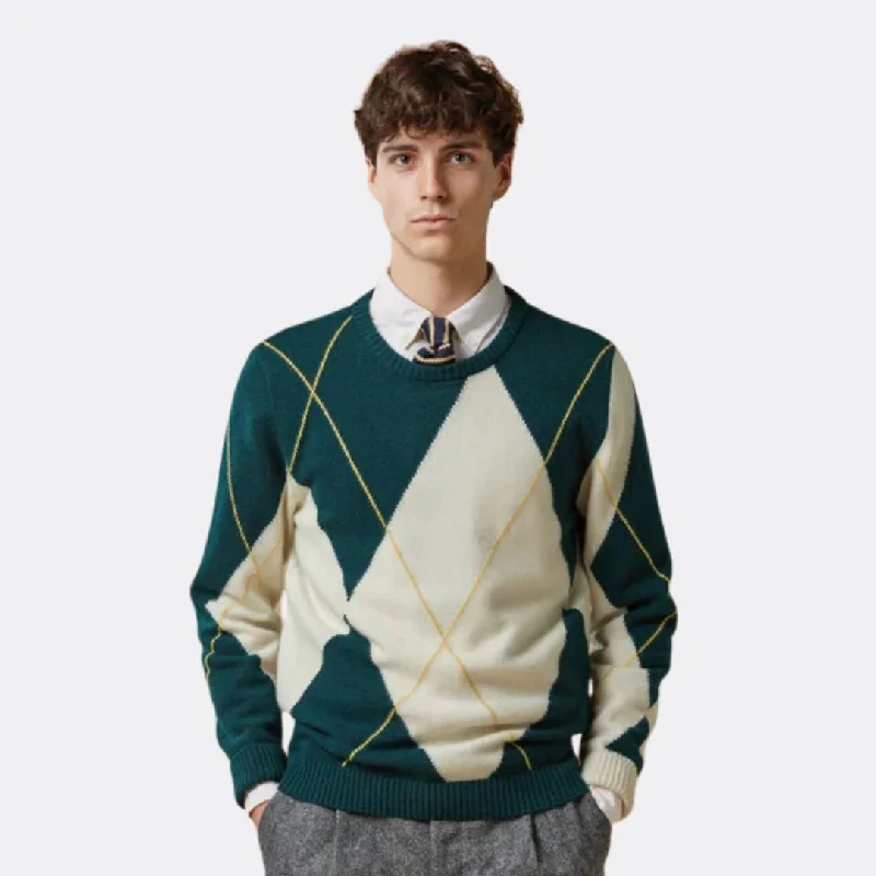 Intarsia Extrafine Wool Sweater (Green + Ecru)