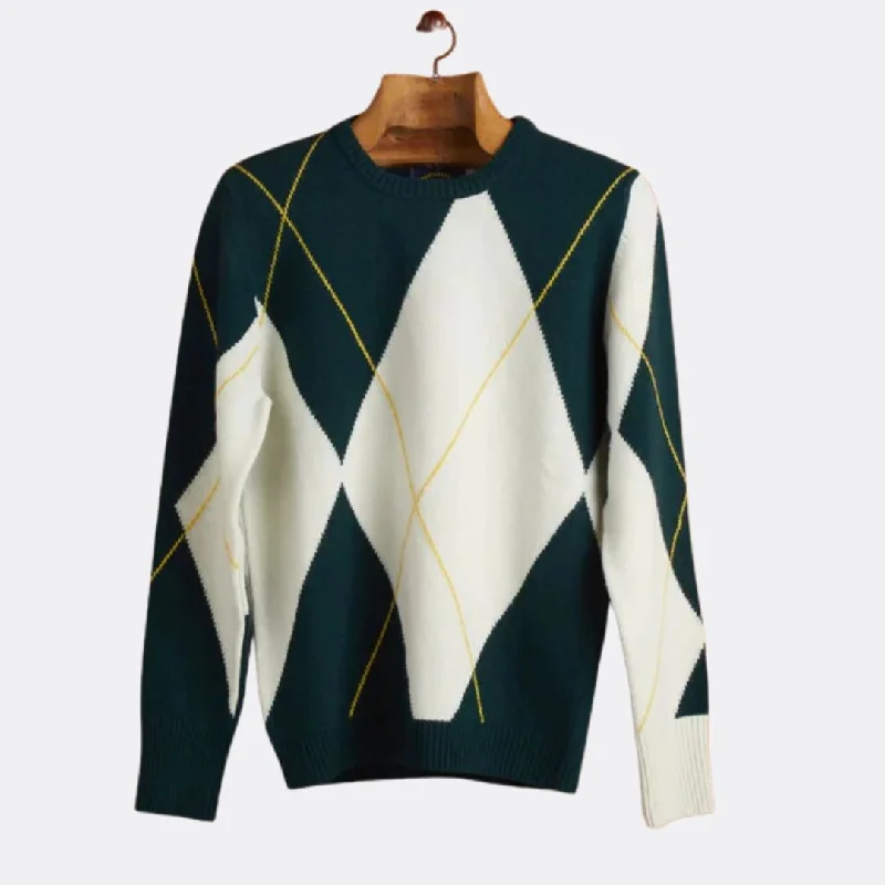 Intarsia Extrafine Wool Sweater (Green + Ecru)