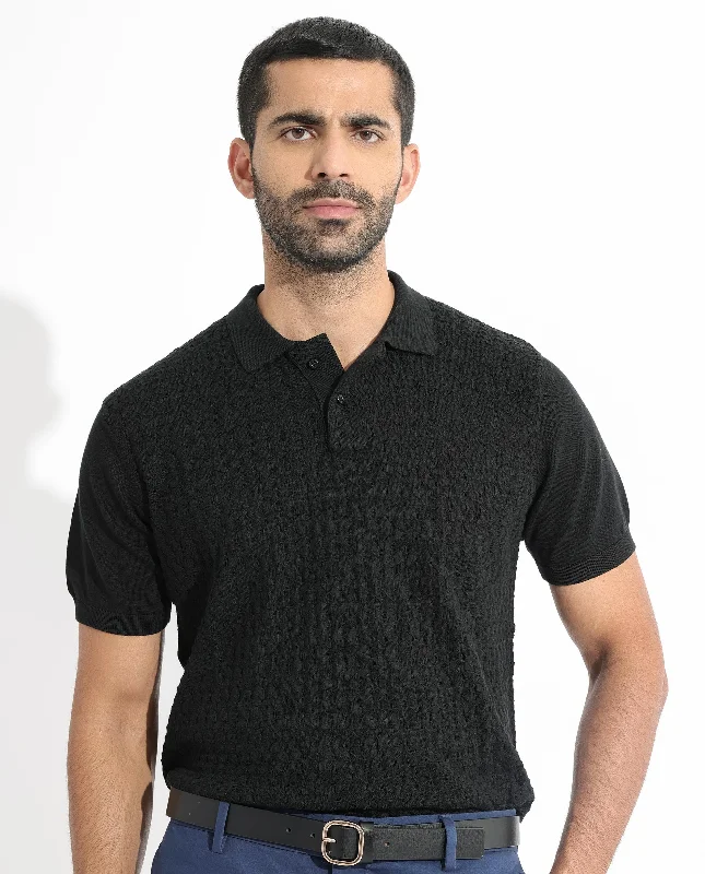 Rare Rabbit Men's Lincos Black Cotton Fabric Collared Neck Half Sleeves Textured Polo T-Shirt