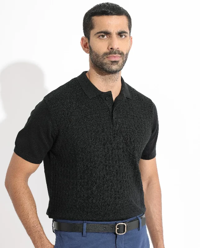 Rare Rabbit Men's Lincos Black Cotton Fabric Collared Neck Half Sleeves Textured Polo T-Shirt